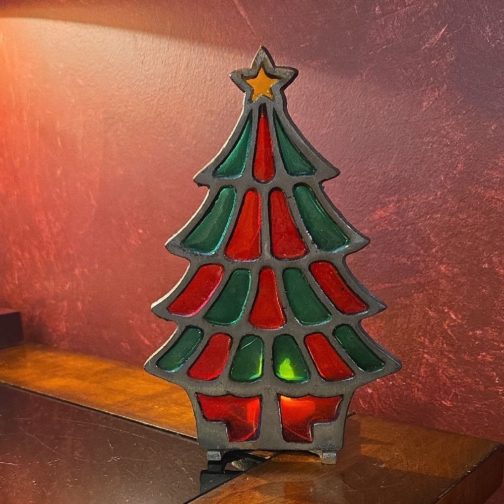 VTG Glass Cast Iron Christmas Tree Votive Tea Light Candle Holder Approx. 7.5”